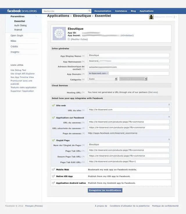 Configurez votre application pour Facebook.
