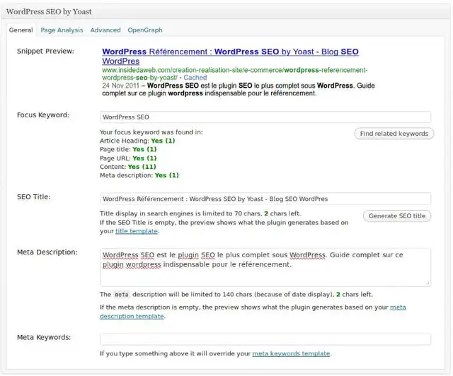 seo-wordpress-general Interface de gestion manuel présent sous chaque billet / page.