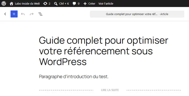 Éditeur de WordPress 7.1.3 surmonté de la barre d'administration noire : nom du site, mises à jour, Ctrl + K, commentaires, Créer et Voir l'article