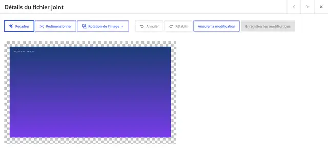 Fenêtre Détails du fichier joint de la médiathèque de WordPress 7.1.3, avec les boutons Recadrer, Redimensionner et Rotation de l'image