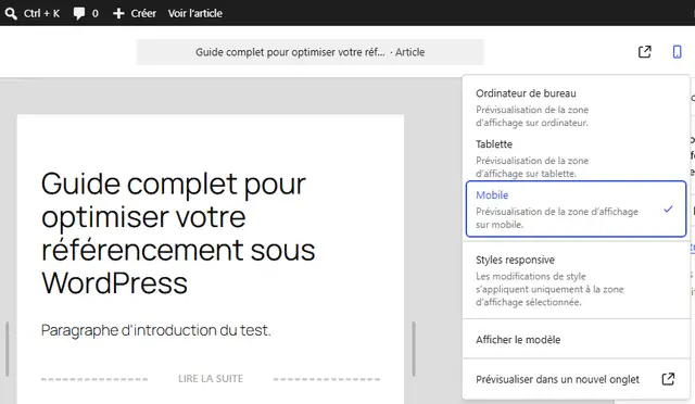 Menu Voir de l'éditeur de WordPress 7.1.3 : Ordinateur de bureau, Tablette, Mobile coché, puis l'option Styles responsive, à côté de l'aperçu mobile d'un article