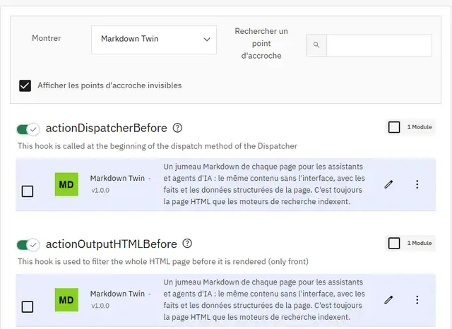 Les crochets actionDispatcherBefore et actionOutputHTMLBefore de Markdown Twin dans Apparence › Positions de PrestaShop 9.2.0