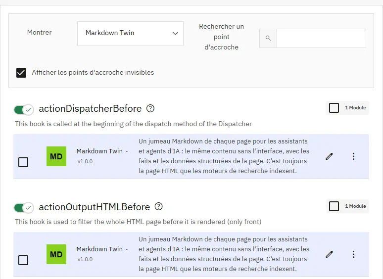 Les crochets actionDispatcherBefore et actionOutputHTMLBefore de Markdown Twin dans Apparence › Positions de PrestaShop 9.2.0