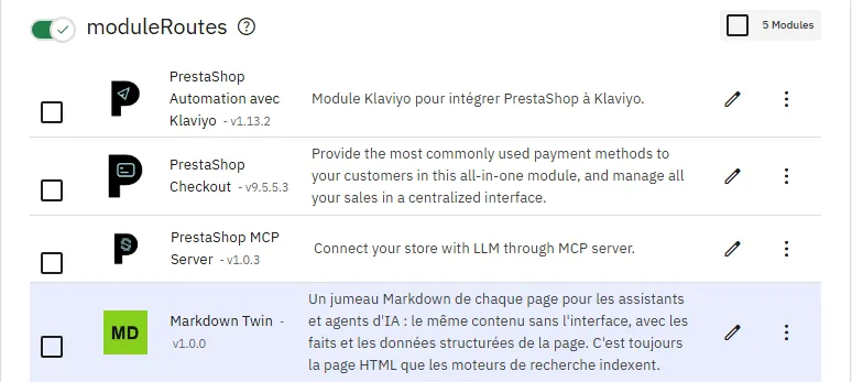 Les modules branchés sur le crochet moduleRoutes dans PrestaShop 9.2.0