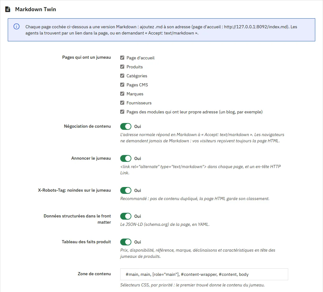 La page de réglages de Markdown Twin dans l'administration de PrestaShop 9.2.0