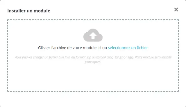 La fenêtre « Installer un module » du gestionnaire de modules de PrestaShop 1.7.8.11