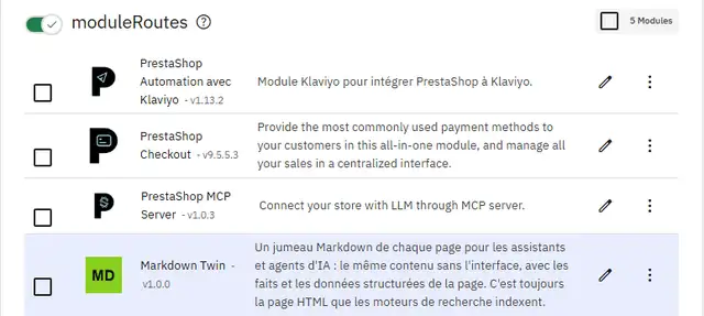 Les modules branchés sur le crochet moduleRoutes dans PrestaShop 9.2.0