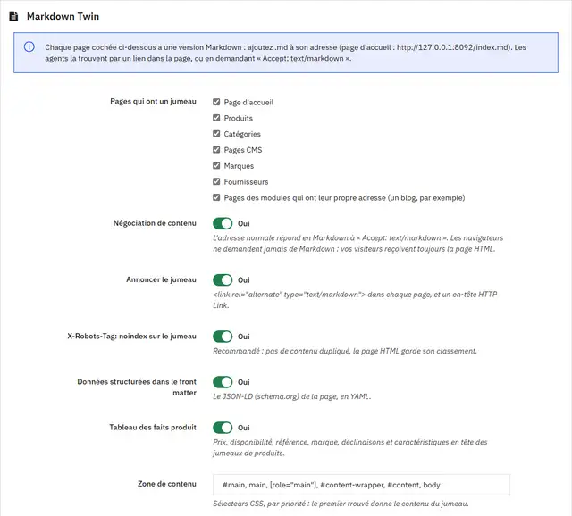 La page de réglages de Markdown Twin dans l'administration de PrestaShop 9.2.0