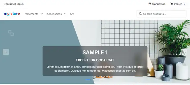 Accueil de la boutique PrestaShop 9.2.0 juste après l'installation : logo my store, menu Vêtements, Accessoires, Art, champ de recherche Search products..., bannière SAMPLE 1 en Lorem ipsum, bloc Custom Text Block et produits phares de démo
