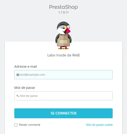 Écran de connexion de l'administration de PrestaShop 1.7.8.11 : encadré rouge Pour des raisons de sécurité, vous ne pouvez pas vous connecter tant que vous n'avez pas supprimé le dossier /install, avec un lien vers la nouvelle adresse de l'administration