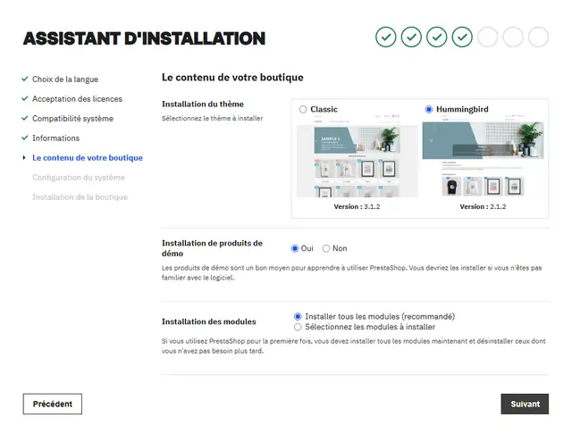 Écran Le contenu de votre boutique de PrestaShop 9.2.0 : thèmes Classic version 3.1.2 et Hummingbird version 2.1.2 avec Hummingbird coché, Installation de produits de démo sur Oui, Installation des modules sur Installer tous les modules (recommandé)