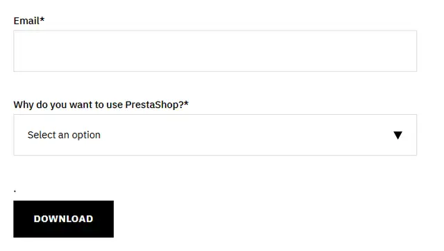 Formulaire de téléchargement de l'offre Classic sur prestashop.com : champ Email obligatoire, liste Why do you want to use PrestaShop? obligatoire et bouton Download