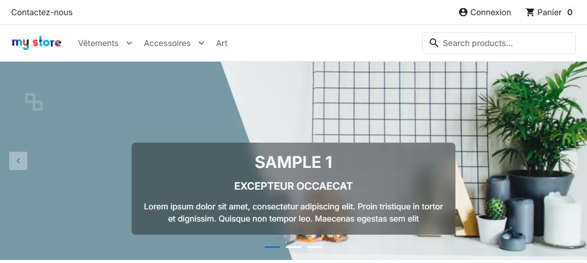 Accueil de la boutique PrestaShop 9.2.0 juste après l'installation : logo my store, menu Vêtements, Accessoires, Art, champ de recherche Search products..., bannière SAMPLE 1 en Lorem ipsum, bloc Custom Text Block et produits phares de démo