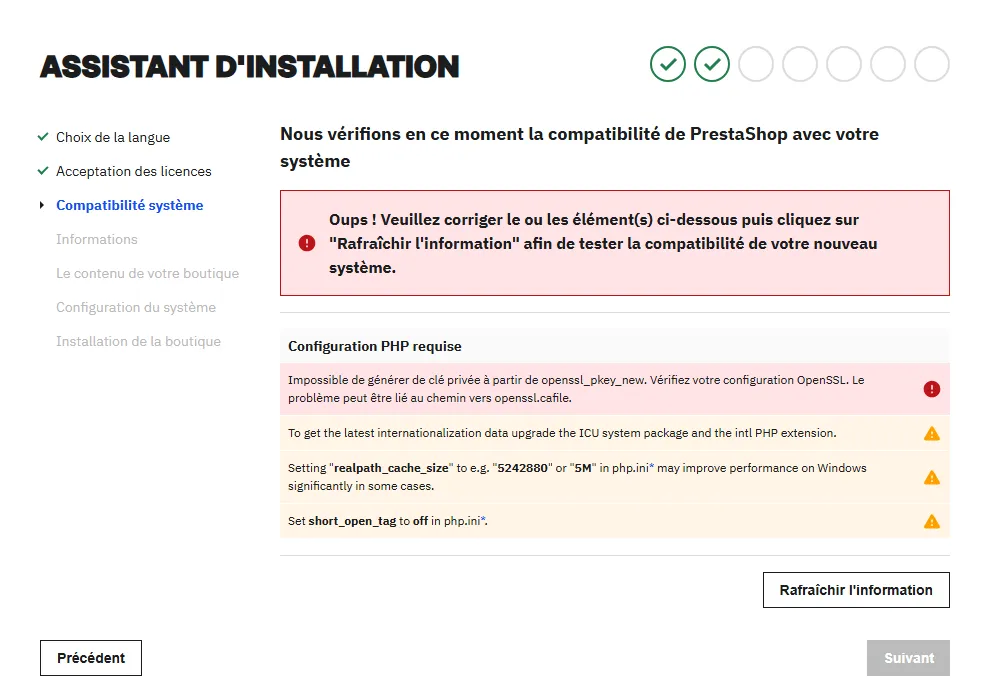 Écran de compatibilité de l'assistant de PrestaShop 9.2.0 : message Oups, une ligne rouge sur openssl_pkey_new et trois avertissements orange sur ICU, realpath_cache_size et short_open_tag, bouton Suivant grisé