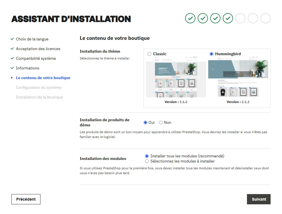 Écran Le contenu de votre boutique de PrestaShop 9.2.0 : thèmes Classic version 3.1.2 et Hummingbird version 2.1.2 avec Hummingbird coché, Installation de produits de démo sur Oui, Installation des modules sur Installer tous les modules (recommandé)