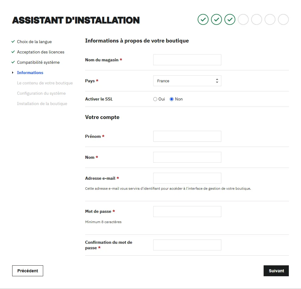Écran Informations à propos de votre boutique de PrestaShop 9.2.0 : champs Nom du magasin, Pays réglé sur France, Activer le SSL sur Non, puis Votre compte avec Prénom, Nom, Adresse e-mail, Mot de passe et confirmation