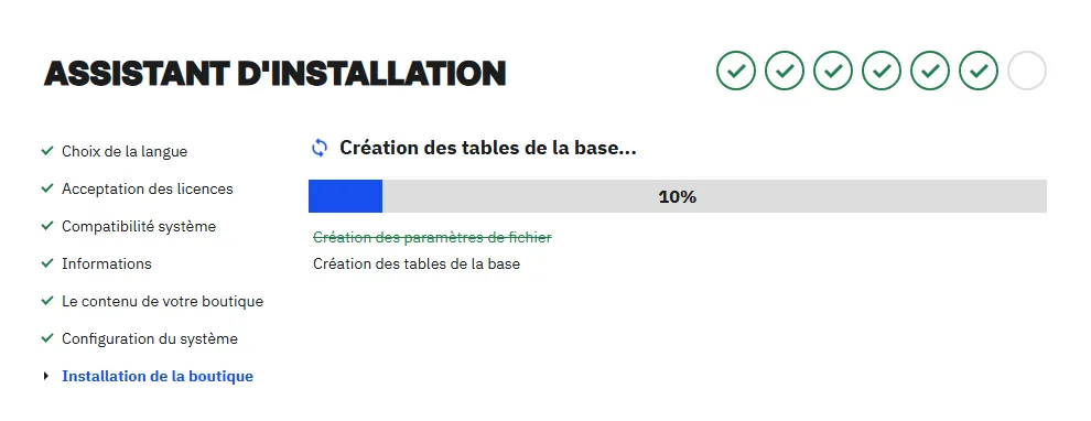 Écran d'installation de PrestaShop 9.2.0 en cours : Création des tables de la base, barre de progression à 10 %, Création des paramètres de fichier barré