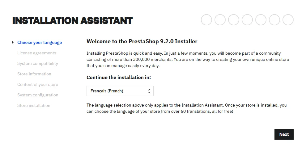Premier écran de l'assistant d'installation de PrestaShop 9.2.0, en anglais : Welcome to the PrestaShop 9.2.0 Installer, liste Continue the installation in réglée sur Français (French), bouton Next