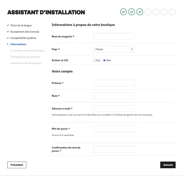 Écran Informations à propos de votre boutique de PrestaShop 9.2.0 : champs Nom du magasin, Pays réglé sur France, Activer le SSL sur Non, puis Votre compte avec Prénom, Nom, Adresse e-mail, Mot de passe et confirmation