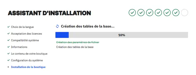 Écran d'installation de PrestaShop 9.2.0 en cours : Création des tables de la base, barre de progression à 10 %, Création des paramètres de fichier barré