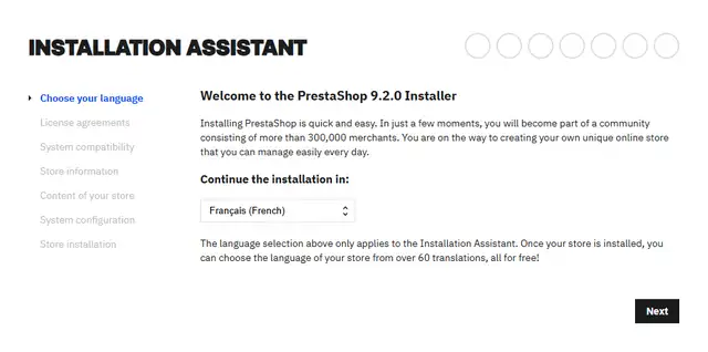 Premier écran de l'assistant d'installation de PrestaShop 9.2.0, en anglais : Welcome to the PrestaShop 9.2.0 Installer, liste Continue the installation in réglée sur Français (French), bouton Next