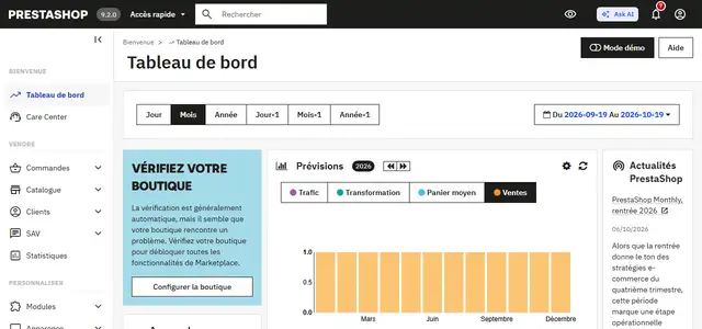 Tableau de bord de PrestaShop 9.2.0 juste après l'installation : menu Bienvenue, Vendre, Personnaliser et Configurer à gauche, bouton Ask AI et sept notifications en haut, bouton Mode démo, et un encadré bleu Vérifiez votre boutique avec le bouton Configurer la boutique