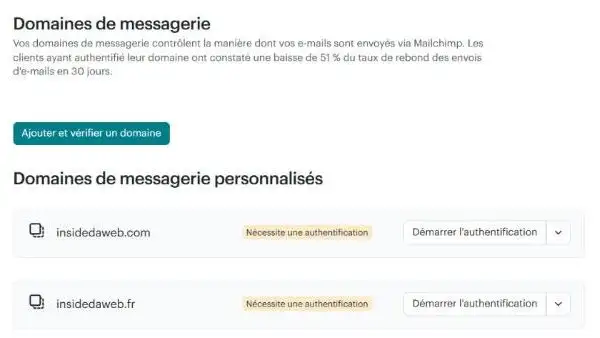Page Domaines de messagerie de Mailchimp : les domaines insidedaweb.com et insidedaweb.fr, tous deux marqués Nécessite une authentification, avec un bouton Démarrer l'authentification