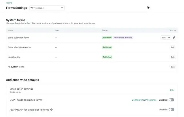 Page Forms Settings de l'audience WP Freemium fr : formulaires système publiés, Email opt-in settings sur Single opt-in, champs RGPD désactivés et reCAPTCHA désactivé