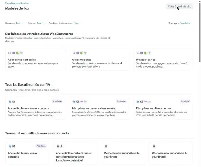 Page Modèles de flux de Mailchimp : modèles basés sur la boutique WooCommerce (Abandoned cart series, Welcome series, Win back series), flux alimentés par l'IA, et flux pour accueillir de nouveaux contacts
