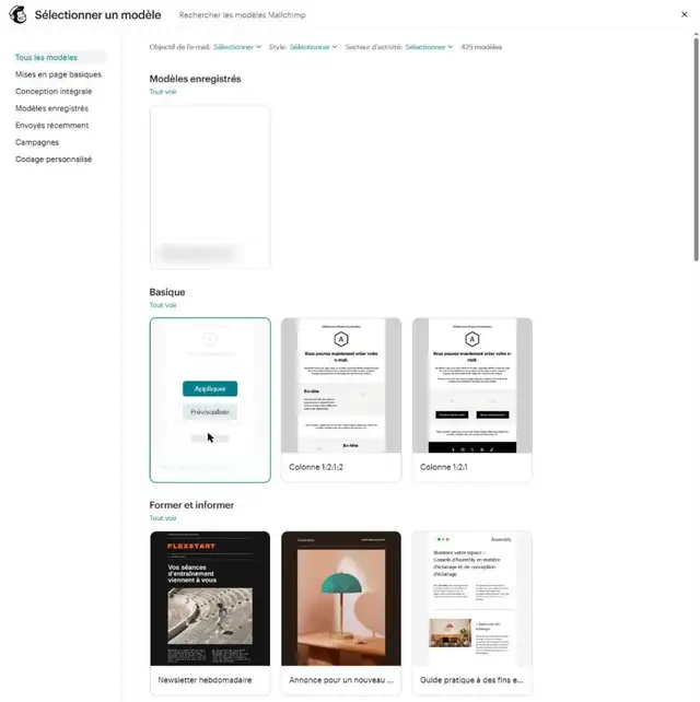 Bibliothèque Sélectionner un modèle de Mailchimp : 425 modèles, filtres Objectif, Style et Secteur d'activité, catégories Mises en page basiques, Conception intégrale, Modèles enregistrés, Envoyés récemment, Campagnes et Codage personnalisé