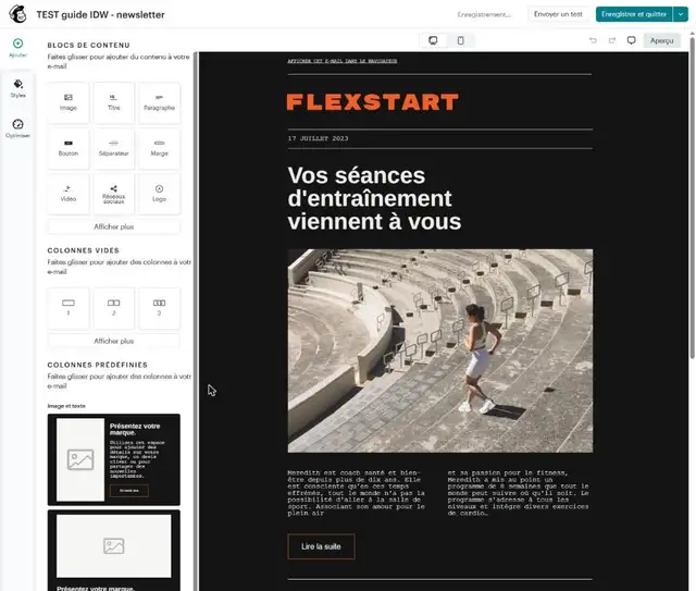 Nouveau créateur de Mailchimp : blocs de contenu (image, titre, paragraphe, bouton, séparateur, marge, vidéo, réseaux sociaux, logo), colonnes vides et prédéfinies, et un modèle de newsletter sportive au centre