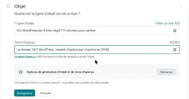 Bloc Objet d'une campagne Mailchimp : ligne d'objet, texte d'aperçu de 64 caractères sur 150, lien Créer un test A/B, et options de génération d'objet et de texte d'aperçu par l'IA