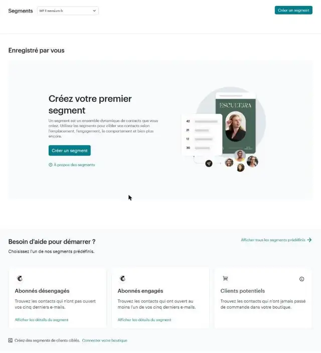 Page Segments de l'audience WP Freemium fr : bouton Créer un segment, et trois segments prédéfinis, Abonnés désengagés, Abonnés engagés et Clients potentiels