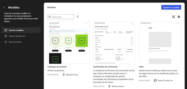 Éditeur de site de WordPress 7.1.3, liste des modèles : Catalogue de produits et Confirmation de commande signés WooCommerce, Index signé Twenty Twenty-Five, puis Page Bientôt disponible et Page panier