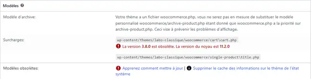 Rubrique Modèles de l'État du système de WooCommerce : message sur woocommerce.php prioritaire, deux surcharges listées, et pour cart.php l'alerte La version 3.8.0 est obsolète. La version du noyau est 11.2.0, puis Modèles obsolètes avec le lien Apprenez comment mettre à jour