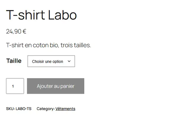 Bas de la fiche du T-shirt Labo avec Twenty Twenty-Five : bouton Ajouter au panier, puis SKU: LABO-TS et Category: Vêtements en anglais