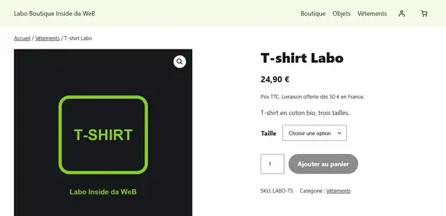 Fiche du T-shirt Labo avec le thème en blocs Labo Boutique : en-tête vert pâle avec la navigation, le compte client et le mini-panier, fil d'Ariane, prix en gras, mention Prix TTC et livraison offerte dès 50 euros, liste des tailles, bouton arrondi, et Réf. LABO-TS et Catégorie Vêtements en français