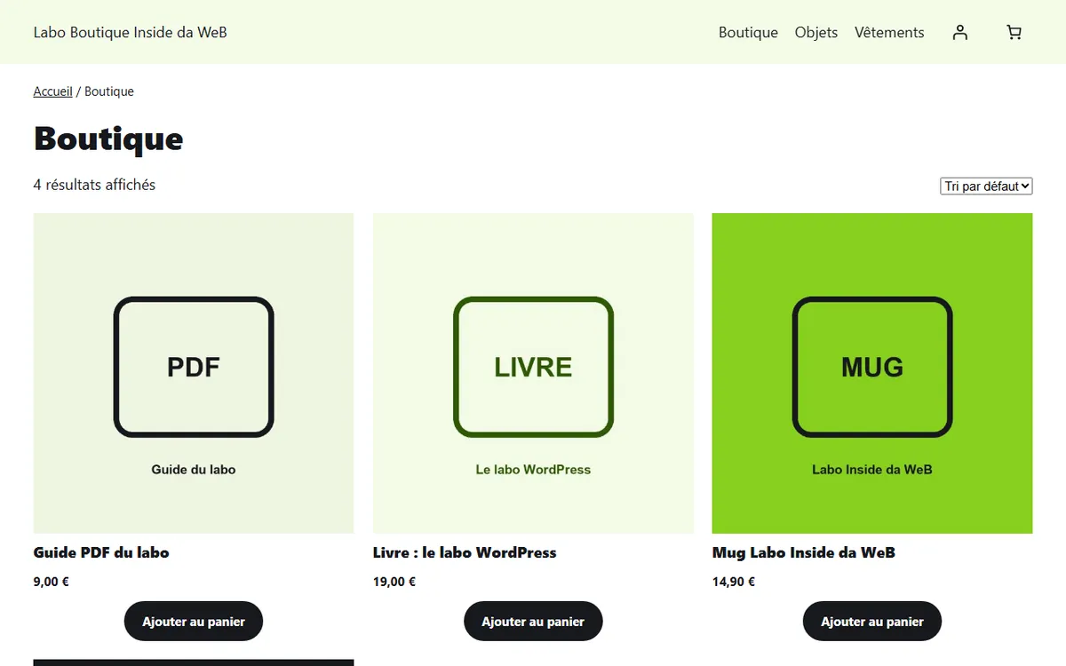 Page Boutique avec le thème Labo Boutique : en-tête vert pâle avec navigation, compte et panier, titre Boutique, quatre produits en grille avec leur nom, leur prix en gras et un bouton Ajouter au panier noir et arrondi