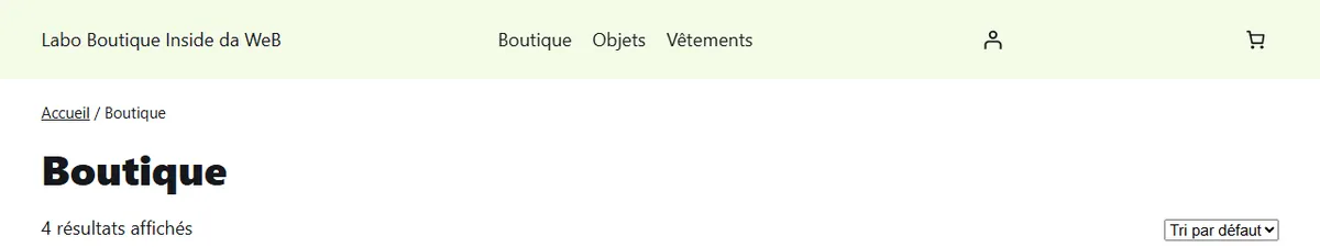 En-tête du thème Labo Boutique sans compte ni panier déclarés : WooCommerce a inséré l'icône du compte client au milieu de l'en-tête, après la navigation, et le mini-panier tout à droite