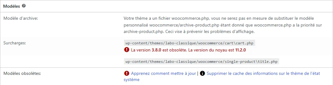 Rubrique Modèles de l'État du système de WooCommerce : message sur woocommerce.php prioritaire, deux surcharges listées, et pour cart.php l'alerte La version 3.8.0 est obsolète. La version du noyau est 11.2.0, puis Modèles obsolètes avec le lien Apprenez comment mettre à jour