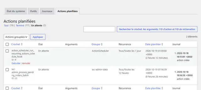 Écran WooCommerce > État > Actions planifiées du labo : deux actions en attente, dont le traitement des commandes en attente pour les statistiques, toutes les 12 heures