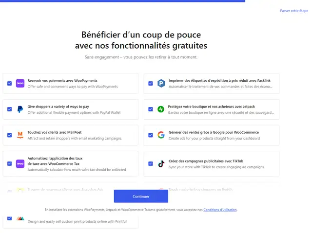 Étape 3 de l'assistant de WooCommerce 11.2.1 : onze extensions cochées, dont WooPayments, Packlink, PayPal, Jetpack, MailPoet, Google pour WooCommerce, WooCommerce Tax et TikTok, avec le bouton Continuer et le lien Passer cette étape