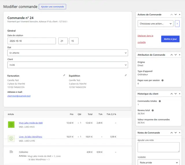 Commande n° 24 dans l'administration de WooCommerce : détail des articles avec leur prix hors taxe et leur TVA, et à droite l'encadré Attribution de Commande avec l'origine Direct, le type d'appareil Ordinateur et 6 pages vues par session