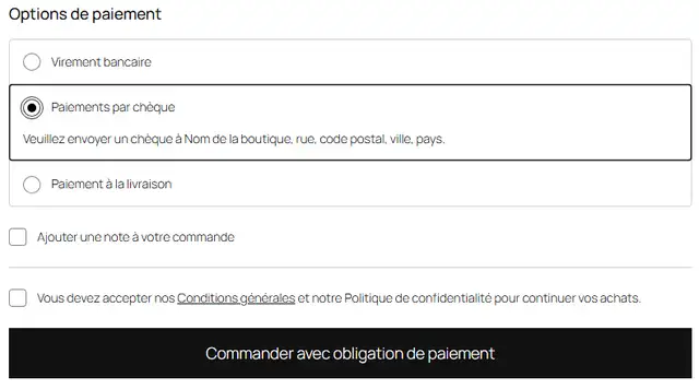 Bas de la page de commande du labo : moyens de paiement, case à cocher Vous devez accepter nos Conditions générales et notre Politique de confidentialité, et le bouton Commander avec obligation de paiement