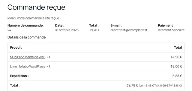 Page Commande reçue du labo pour la commande 24 : numéro, date, total 39,78 euros, e-mail, paiement par virement, détail du mug et du livre, expédition 5,88 euros et total dont 3,46 euros de TVA et 0,99 euro de TVA à 5,5 pour cent