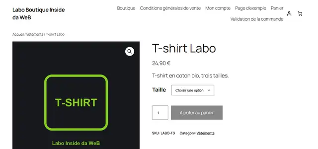 Fiche du T-shirt Labo avec Twenty Twenty-Five : prix 24,90 euros, liste de tailles, bouton Ajouter au panier, et sous le bouton les mentions SKU: LABO-TS et Category: Vêtements en anglais ; en haut, le menu liste toutes les pages, Panier et Validation de la commande compris