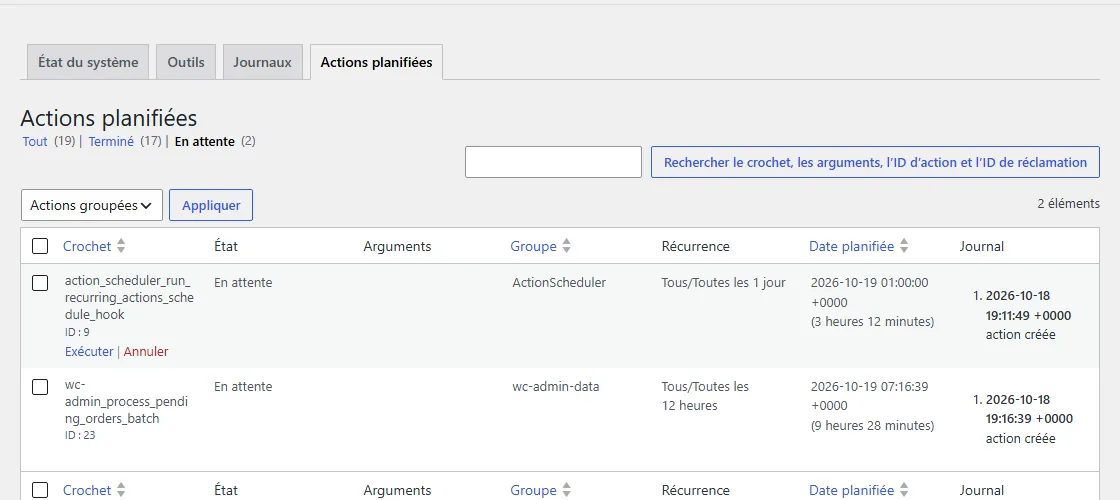 Écran WooCommerce > État > Actions planifiées du labo : deux actions en attente, dont le traitement des commandes en attente pour les statistiques, toutes les 12 heures
