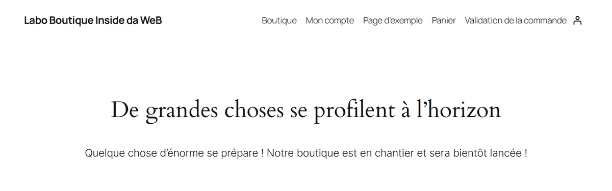 Page Boutique du labo vue par un visiteur pendant le mode bientôt disponible : titre De grandes choses se profilent à l'horizon et le texte Quelque chose d'énorme se prépare, avec le menu du thème qui liste déjà Panier et Validation de la commande