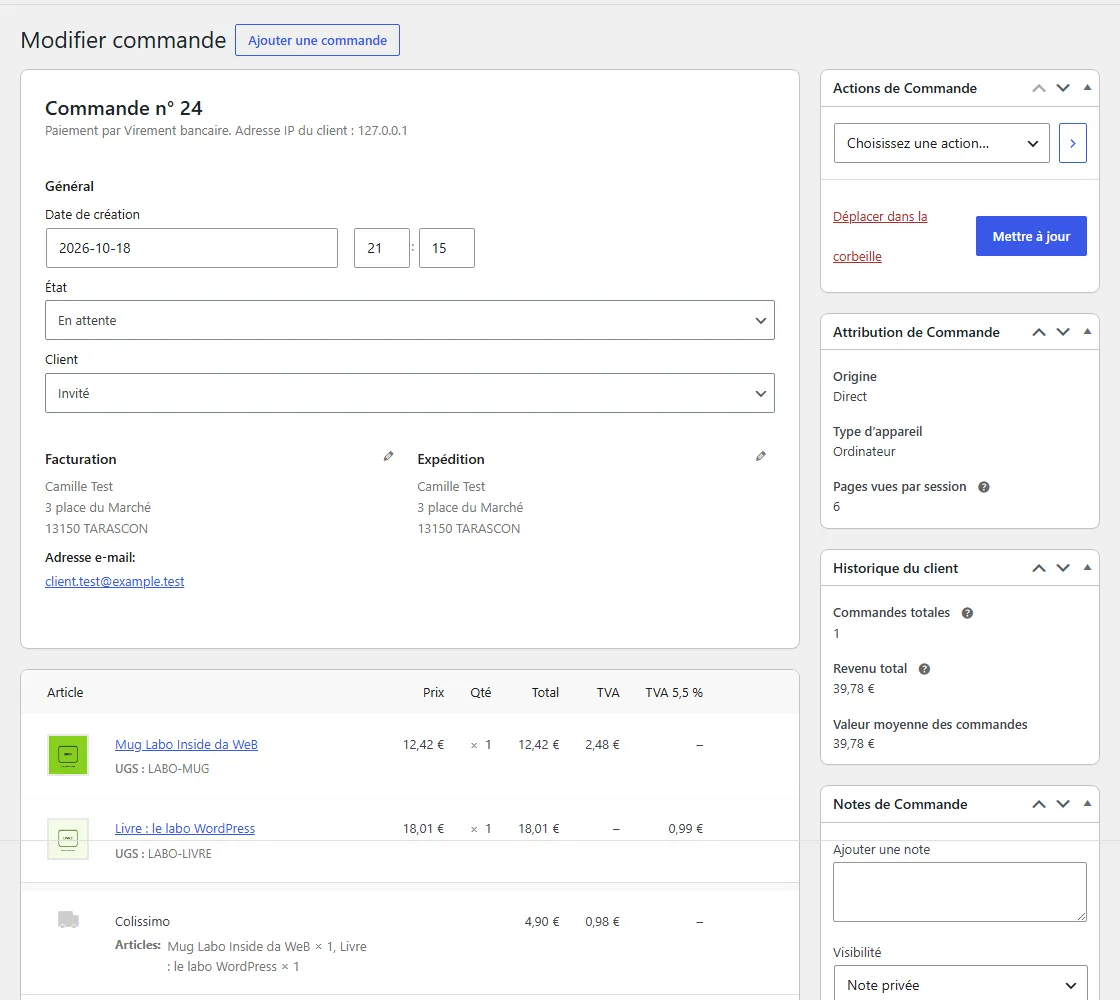 Commande n° 24 dans l'administration de WooCommerce : détail des articles avec leur prix hors taxe et leur TVA, et à droite l'encadré Attribution de Commande avec l'origine Direct, le type d'appareil Ordinateur et 6 pages vues par session