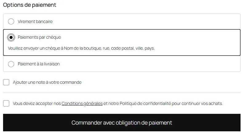Bas de la page de commande du labo : moyens de paiement, case à cocher Vous devez accepter nos Conditions générales et notre Politique de confidentialité, et le bouton Commander avec obligation de paiement